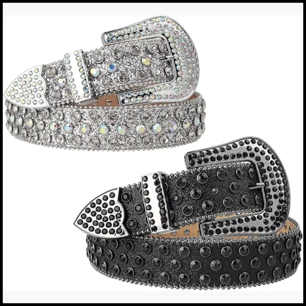 Rhinestone Belt for Women Men Shining Diamond Studded Microfiber Leather
